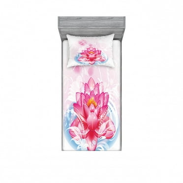 Ambesonne Flower Fitted Sheet & Pillow Sham Set, Mandala Yoga Lotus, Twin, Pink