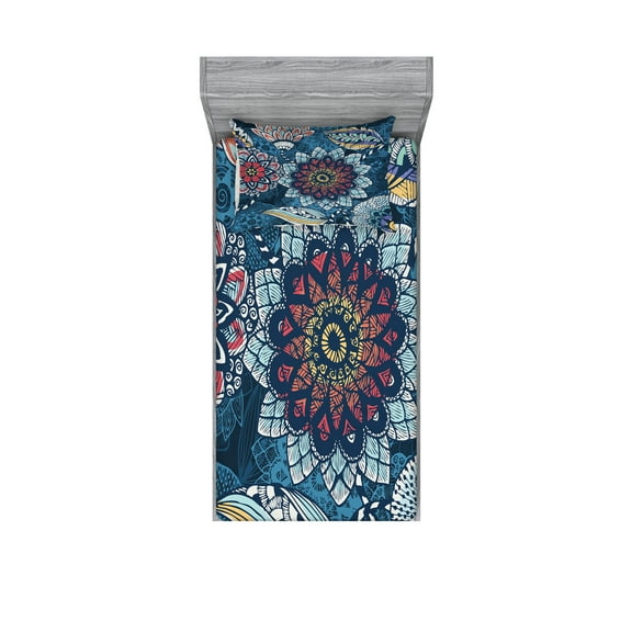 Ambesonne Flower Fitted Sheet & Pillow Sham Set, Modern Complex Design, Twin, Multicolor