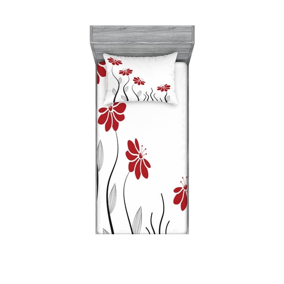 Ambesonne Flower Fitted Sheet & Pillow Sham Set, Modern Floral Petals, Twinxl, Red and Black
