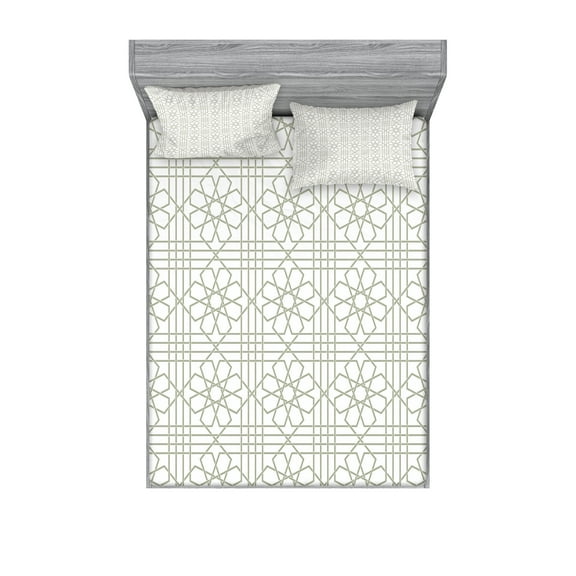 Ambesonne Flower Fitted Sheet & Pillow Sham Set, Mosaic Tiles, Full, White