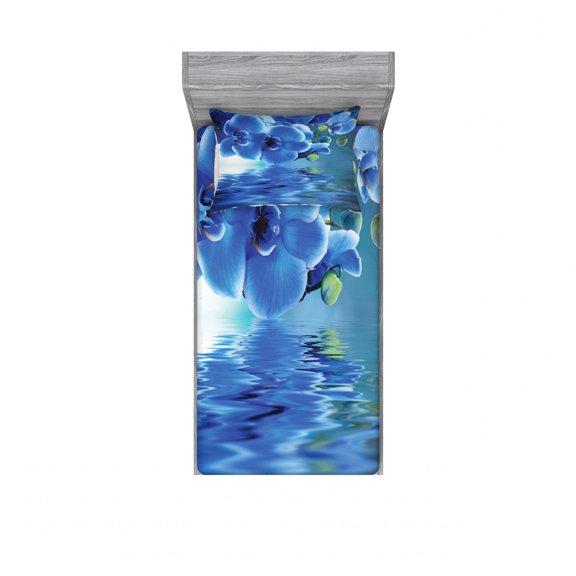 Ambesonne Flower Fitted Sheet & Pillow Sham Set, Natural Orchids, Twin, Blue
