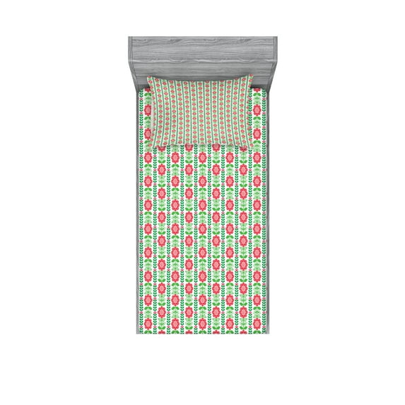 Ambesonne Flower Fitted Sheet & Pillow Sham Set, Nordic Style Flourish Leaves, Twin, Apple Green Vermilion