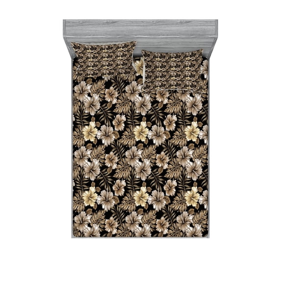 Ambesonne Flower Fitted Sheet & Pillow Sham Set, Nostalgic Botany Flora Art, Queen, Sepia Black Tan