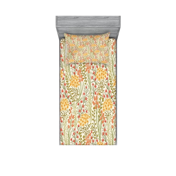 Ambesonne Flower Fitted Sheet & Pillow Sham Set, Old Vintage Ivy Lilacs, Twin, Multicolor