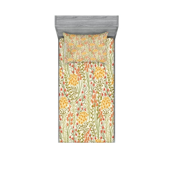 Ambesonne Flower Fitted Sheet & Pillow Sham Set, Old Vintage Ivy Lilacs, Twinxl, Multicolor