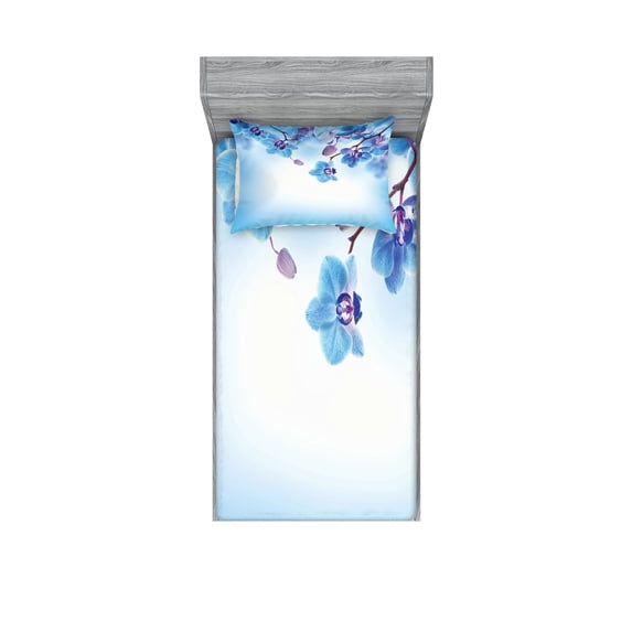 Ambesonne Flower Fitted Sheet & Pillow Sham Set, Orchids Nature, Twinxl, Blue and Purple