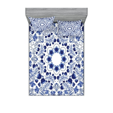 Ambesonne Flower Fitted Sheet & Pillow Sham Set, Oriental Boho, Queen, Blue