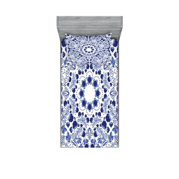 Ambesonne Flower Fitted Sheet & Pillow Sham Set, Oriental Boho, Twin, Blue