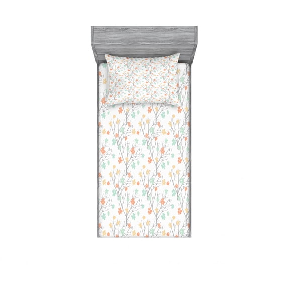 Ambesonne Flower Fitted Sheet & Pillow Sham Set, Pastel Soft Petals Branch, Twin, Salmon Peach Grey Mint