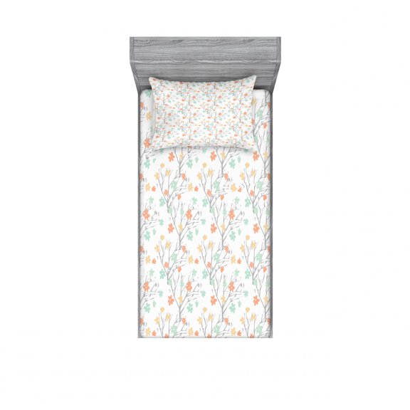 Ambesonne Flower Fitted Sheet & Pillow Sham Set, Pastel Soft Petals Branch, Twinxl, Salmon Peach Grey Mint