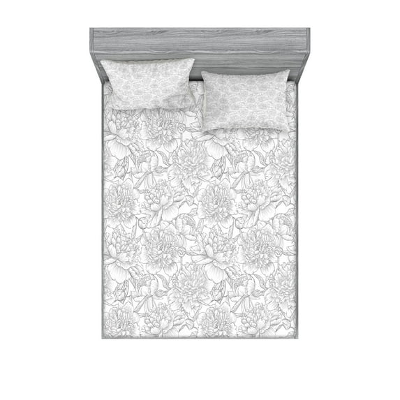 Ambesonne Flower Fitted Sheet & Pillow Sham Set, Peonies with Leaves Bud, Queen, White and Grey