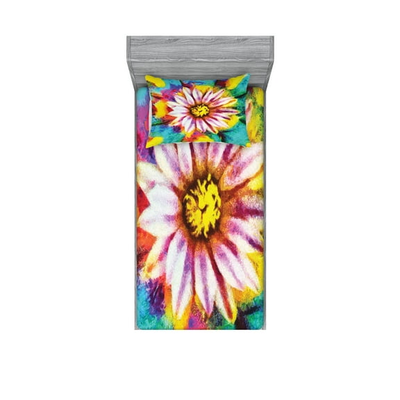 Ambesonne Flower Fitted Sheet & Pillow Sham Set, Petal Floral Print Art, Twinxl, Turquoise and Pink