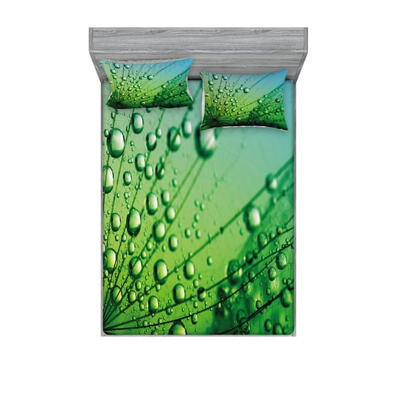 Ambesonne Flower Fitted Sheet & Pillow Sham Set, Photo of Dandelion, Full, Fern Green