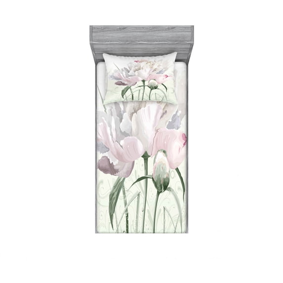 Ambesonne Flower Fitted Sheet & Pillow Sham Set, Pink Rose Tulip Abstract, Twinxl, White