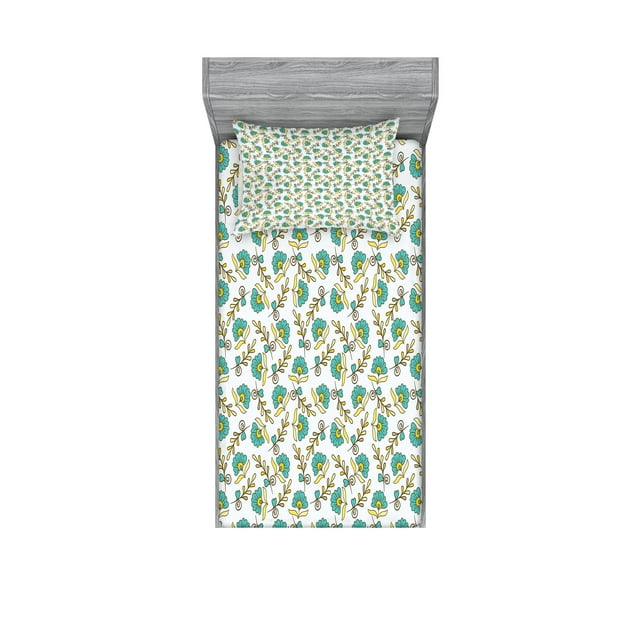 Ambesonne Flower Fitted Sheet & Pillow Sham Set, Repeating Floral Art, Twin, Grey Apple Green