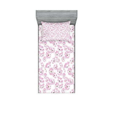 Ambesonne Flower Fitted Sheet & Pillow Sham Set, Romantic Florals Petals, Twinxl, Pale Pink White