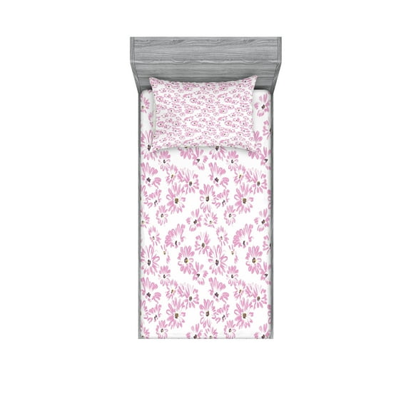 Ambesonne Flower Fitted Sheet & Pillow Sham Set, Romantic Florals Petals, Twinxl, Pale Pink White