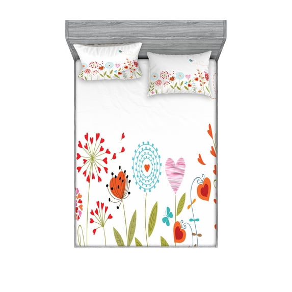 Ambesonne Flower Fitted Sheet & Pillow Sham Set, Romantic Hearts Design, Full, Multicolor