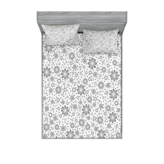Ambesonne Flower Fitted Sheet & Pillow Sham Set, Rotary Round Rings Dots, Queen, White