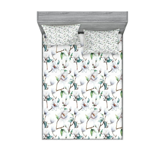 Ambesonne Flower Fitted Sheet & Pillow Sham Set, Royal Mallows in Spring, Full, White and Green