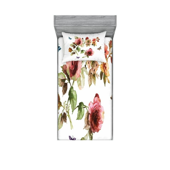Ambesonne Flower Fitted Sheet & Pillow Sham Set, Shabby Plant Roses Buds, Twin, Multicolor