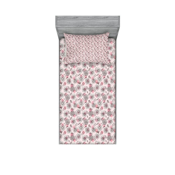 Ambesonne Flower Fitted Sheet & Pillow Sham Set, Sketchy Flowers on Soft Pink, Twin, Seal Brown Pale Pink