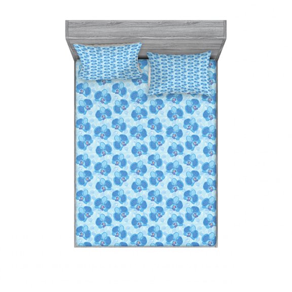 Ambesonne Flower Fitted Sheet & Pillow Sham Set, Soft Blue Orchid Blossoms, Full, Pale Blue Blue and White