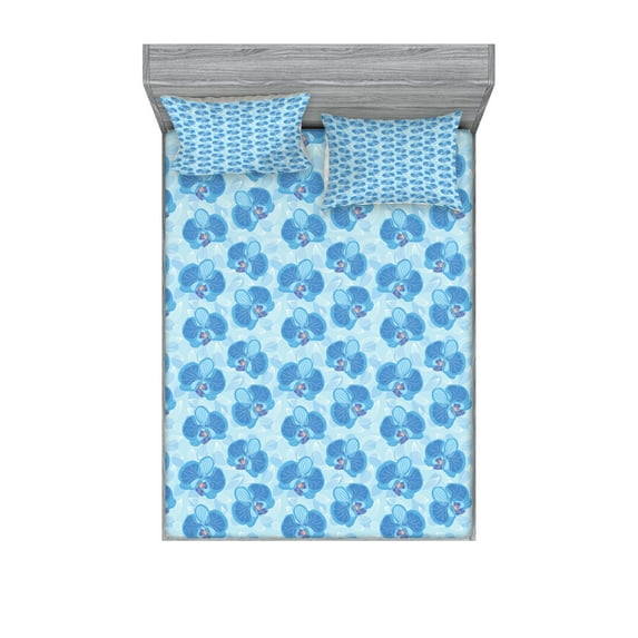 Ambesonne Flower Fitted Sheet & Pillow Sham Set, Soft Blue Orchid Blossoms, Queen, Pale Blue Blue and White