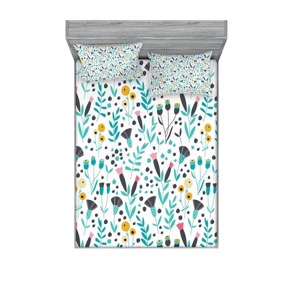 Ambesonne Flower Fitted Sheet & Pillow Sham Set, Spring Season Nature Art, Queen, Multicolor