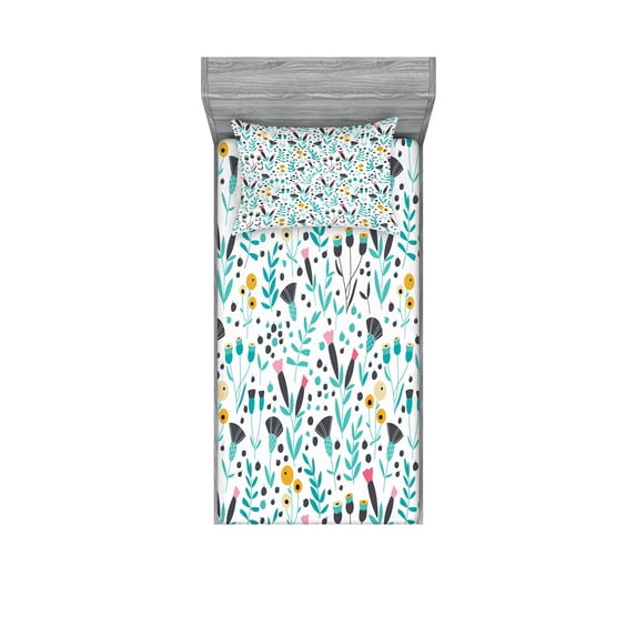 Ambesonne Flower Fitted Sheet & Pillow Sham Set, Spring Season Nature Art, Twin, Multicolor