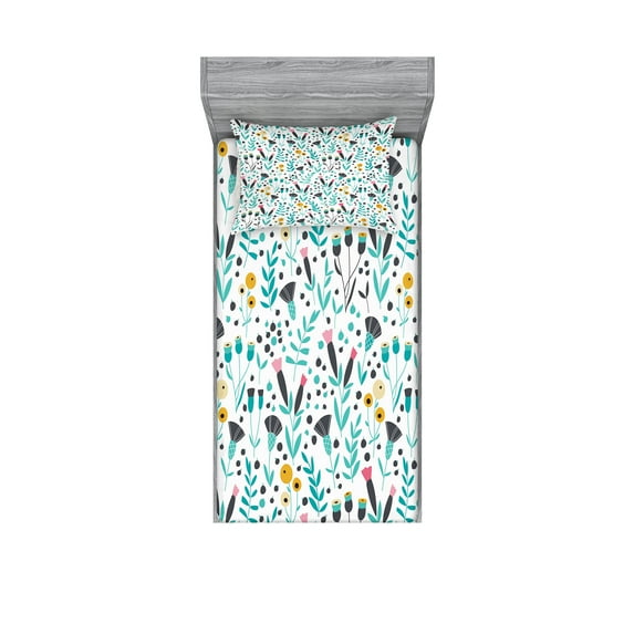Ambesonne Flower Fitted Sheet & Pillow Sham Set, Spring Season Nature Art, Twinxl, Multicolor
