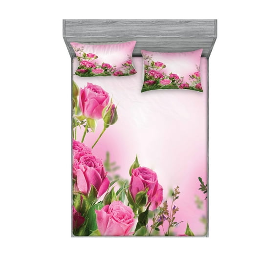 Ambesonne Flower Fitted Sheet & Pillow Sham Set, Spring Season Roses Buds, King, Pink and Green