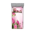 thumbnail image 1 of Ambesonne Flower Fitted Sheet & Pillow Sham Set, Spring Season Roses Buds, Twin, Pink and Green, 1 of 2