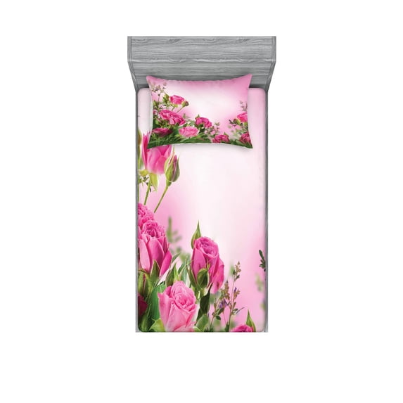 Ambesonne Flower Fitted Sheet & Pillow Sham Set, Spring Season Roses Buds, Twin, Pink and Green