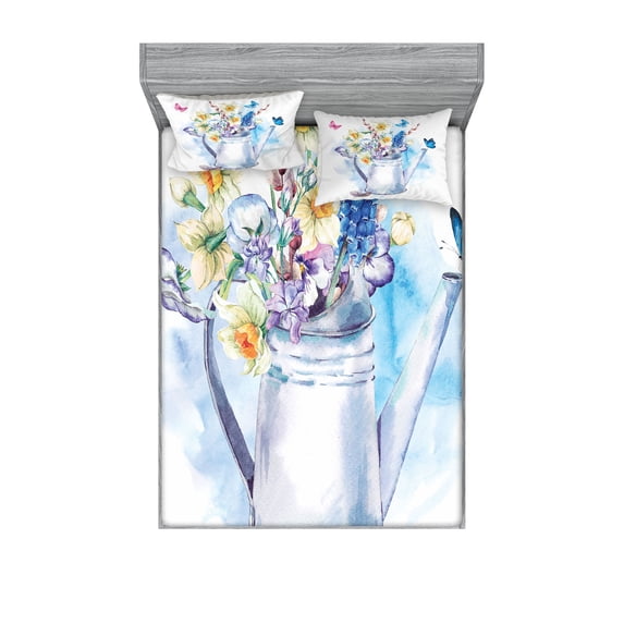 Ambesonne Flower Fitted Sheet & Pillow Sham Set, Summer Bouquet Vintage, Full, Multicolor
