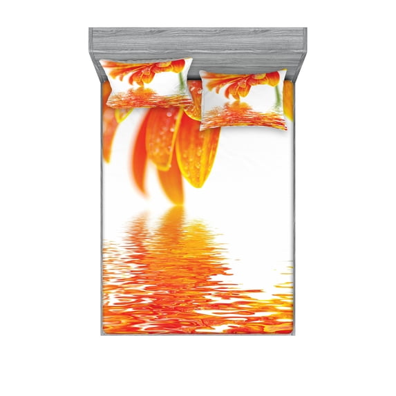 Ambesonne Flower Fitted Sheet & Pillow Sham Set, Sun Flower Reflection, Full, Orange