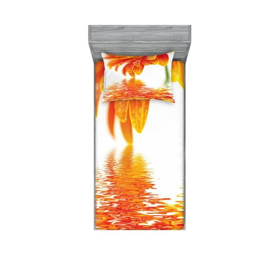 Ambesonne Flower Fitted Sheet & Pillow Sham Set, Sun Flower Reflection, Twinxl, Orange