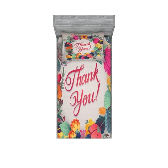 Ambesonne Flower Fitted Sheet & Pillow Sham Set, Thank You Words Ceramic, Twinxl, Multicolor