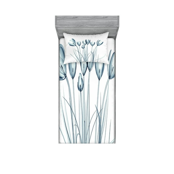 Ambesonne Flower Fitted Sheet & Pillow Sham Set, Tulips with Solar Effect, Twin, Dark Petrol Blue White