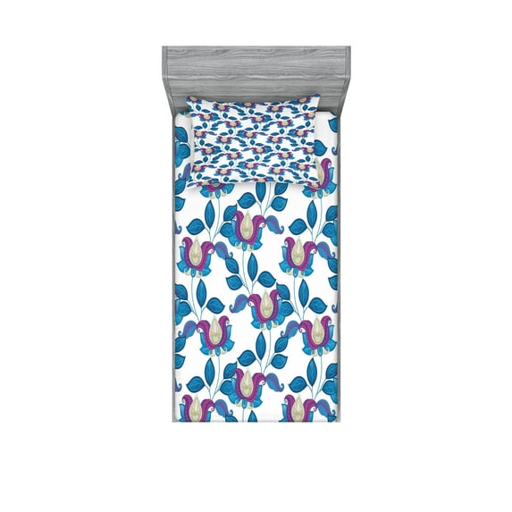 Ambesonne Flower Fitted Sheet & Pillow Sham Set, Vibrant Vintage Shabby, Twin, Blue Violet Grey