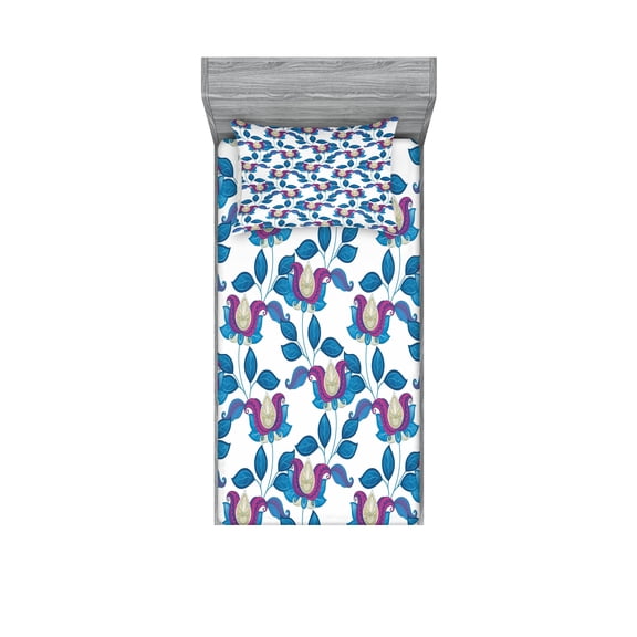 Ambesonne Flower Fitted Sheet & Pillow Sham Set, Vibrant Vintage Shabby, Twinxl, Blue Violet Grey