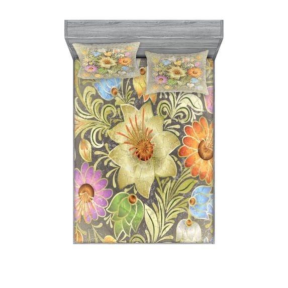 Ambesonne Flower Fitted Sheet & Pillow Sham Set, Vintage Bouquet Bridal, Full, Multicolor