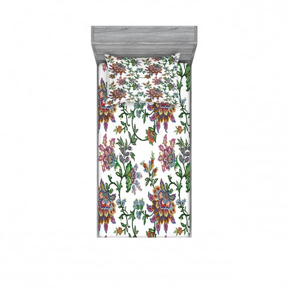 Ambesonne Flower Fitted Sheet & Pillow Sham Set, Vintage Floral Ornaments, Twin, Multicolor