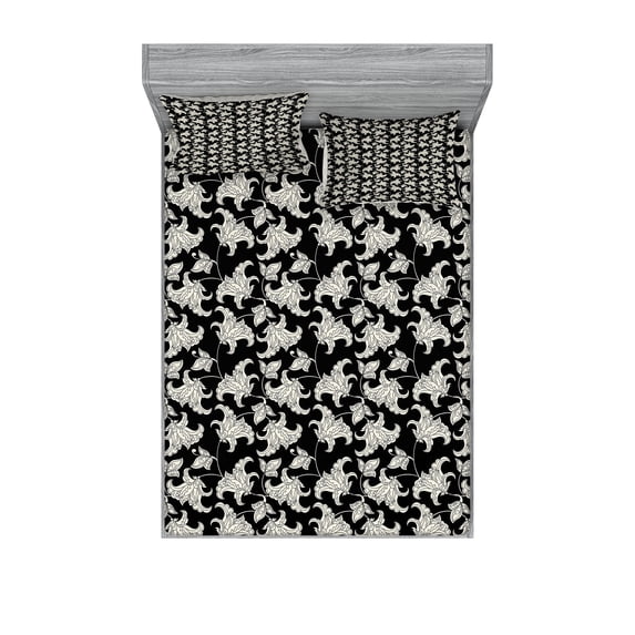 Ambesonne Flower Fitted Sheet & Pillow Sham Set, Vintage Style Blossom Design, Queen, Black and Ivory