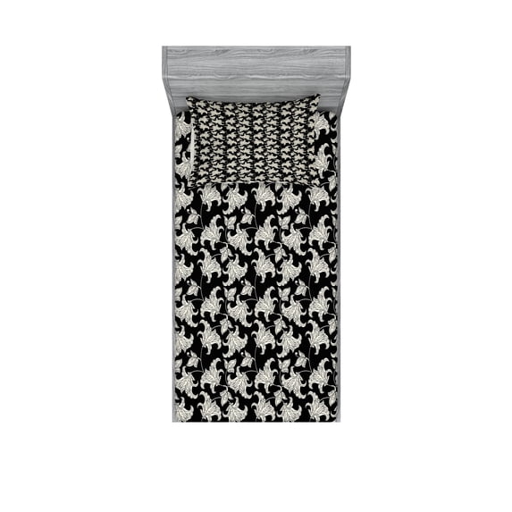 Ambesonne Flower Fitted Sheet & Pillow Sham Set, Vintage Style Blossom Design, Twinxl, Black and Ivory