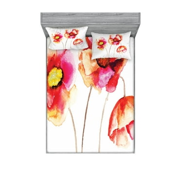 Ambesonne Flower Fitted Sheet & Pillow Sham Set, Watercolor Blooming Poppies, Queen, Red White