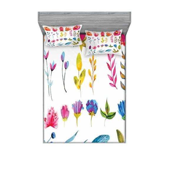 Ambesonne Flower Fitted Sheet & Pillow Sham Set, Watercolor Garden Design, Full, Multicolor