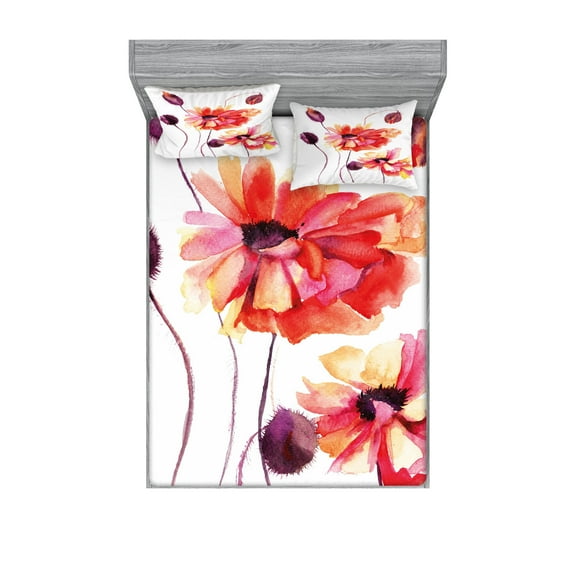 Ambesonne Flower Fitted Sheet & Pillow Sham Set, Watercolor Poppies Buds, Queen, Peach Scarlet Purple
