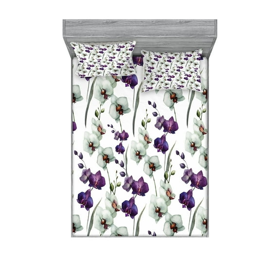 Ambesonne Flower Fitted Sheet & Pillow Sham Set, Wild Orchid Bloom, Full, Purple White
