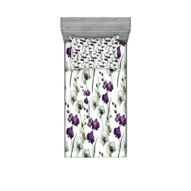 Ambesonne Flower Fitted Sheet & Pillow Sham Set, Wild Orchid Bloom, Twin, Purple White
